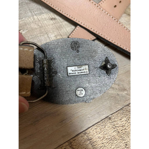 Vintage Genuine Split Cowhide Belt w/ Bergamot Brass Works Fish Buckle XL 42-44 - Picture 4 of 6